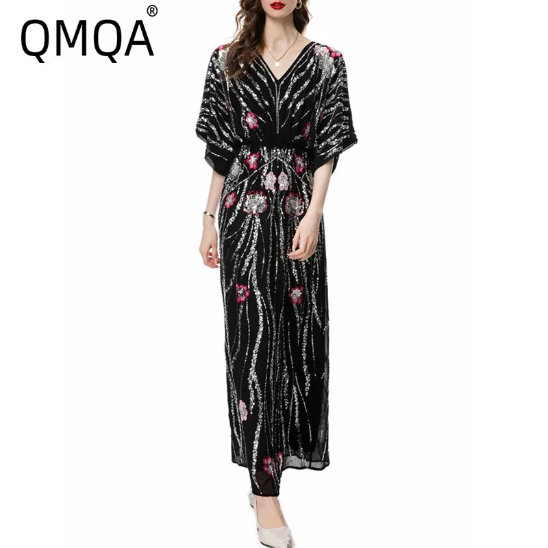 QMQA Fashion Dámske elegantné šaty V-krk na batwing rukávy Flitre vyšívacie korálky Vintage večerné šaty Dizajnér nový 1A849