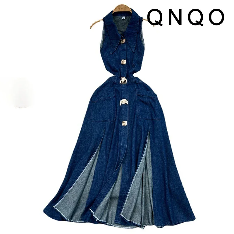 Qnqo Denim Dress for Women Dutlow Out Show Show Slim Casual Vintage Long Dress 2025 Streetwear Fashion Elegantné ženské šaty