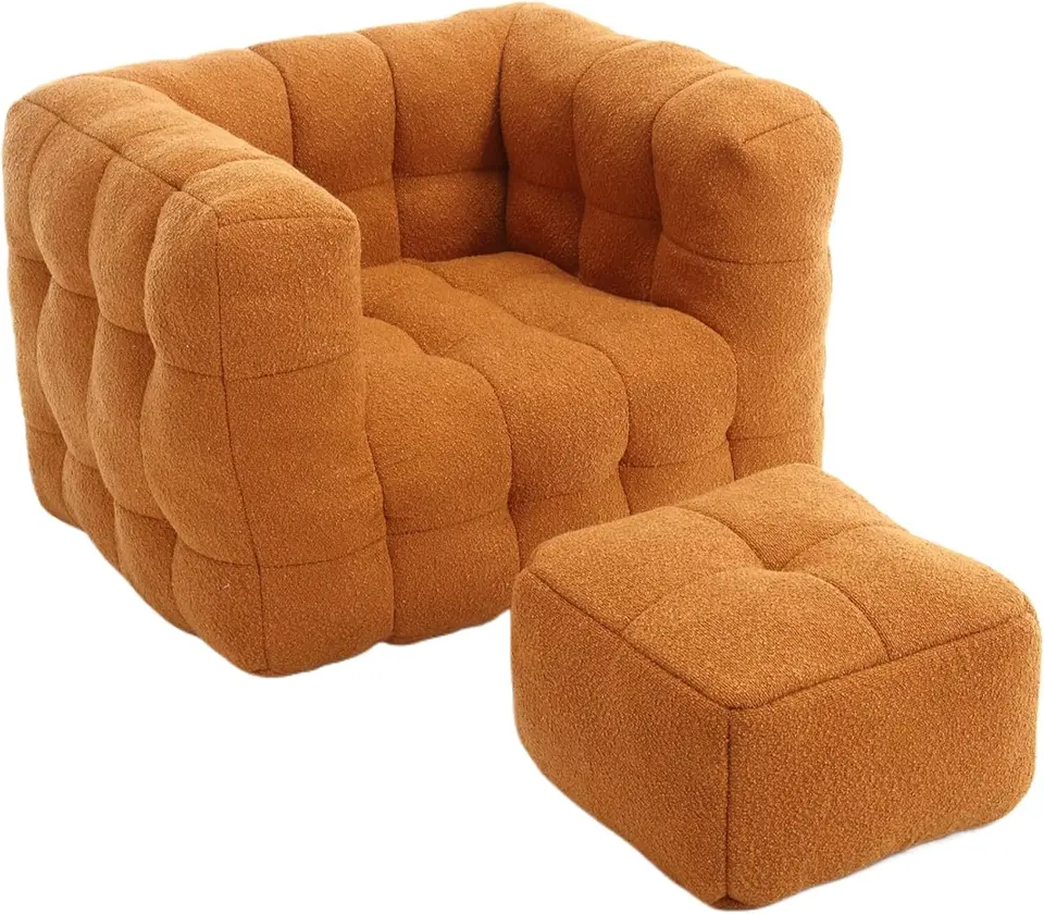 QQu Cube Bean Bag Stolil, Single Sofa s podnožkou, lenivou pohovkou Boucle Pohodlná stolička naplnená špongiou s vysokou hustotou, dospelý