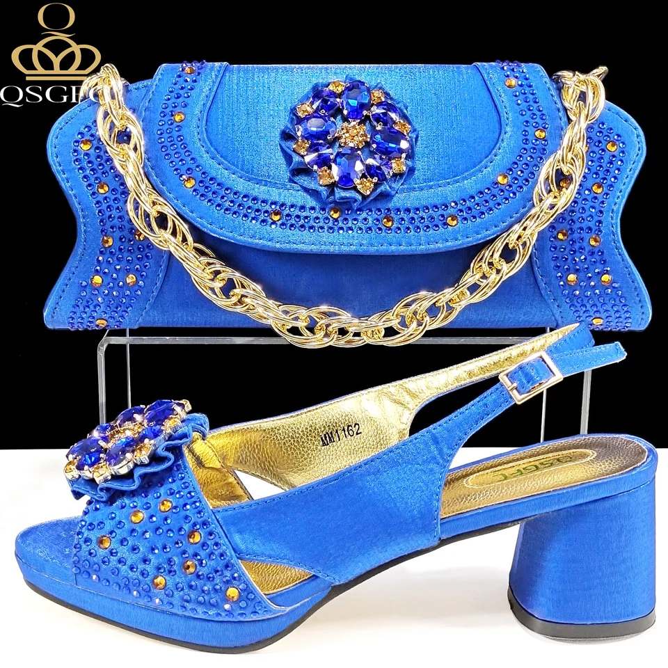 QSGFC Nigérijské dámske päty Party Shoes a taška sada Royal Blue Color Shinestone kabelka talianska dizajn Svadba Svadba 2024
