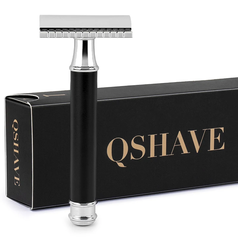 QShave Men Manuál Holenie Razor Classic Safety Razor Black Ruck Double Edge Blade z nehrdzavejúcej ocele Kov s 5 lopatkami ako darček