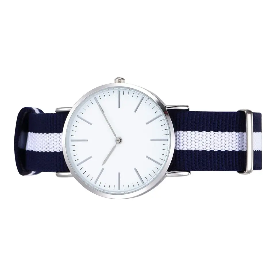 Quartz Watch Simple Face Blue White Blue Canvas Bands