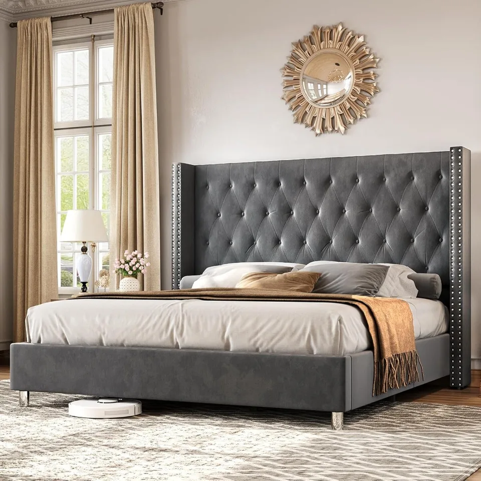 Queen Velvet Low Profile Platforma postele Platčky všívané čalúnené čalúnené plošina Rám Zvýšené čelo čelo postele/ľahká montáž