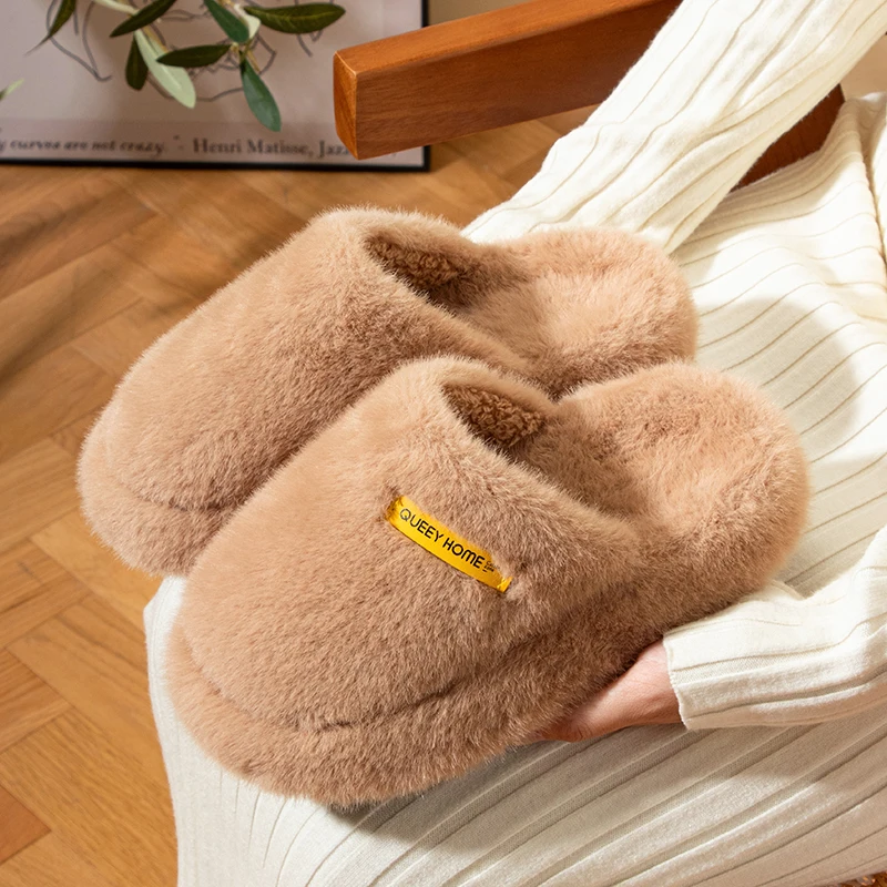 Queeyhome Winter Women Husté solované fuzzy papuče štýlové čisto farebné protišmykové vnútorné vonkajšie voľný čas teplé svetlo pohodlné topánky