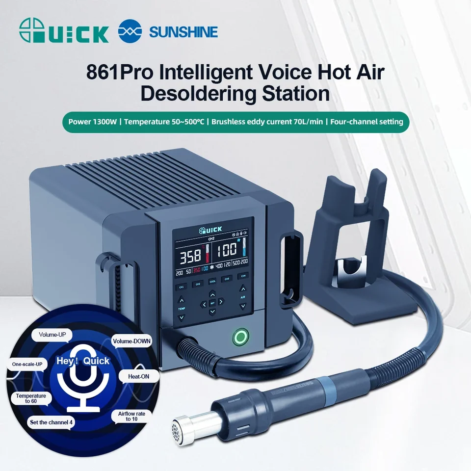 Quick 861Pro Smart Hot Air Soldering Station BGA SMD Rework Station 1300W AI Ovládanie tepelných pištoľ PCB opravárenská stanica 7NOZLE