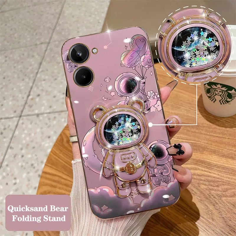 Quicksand Astronaut Plating Phone Držiteľ puzdro pre OPPO Realme 10 9 9i 8 8i 7i 7i 6 Pro Plus C35 C30 C31 C25 C25S C20 C21Y Cover
