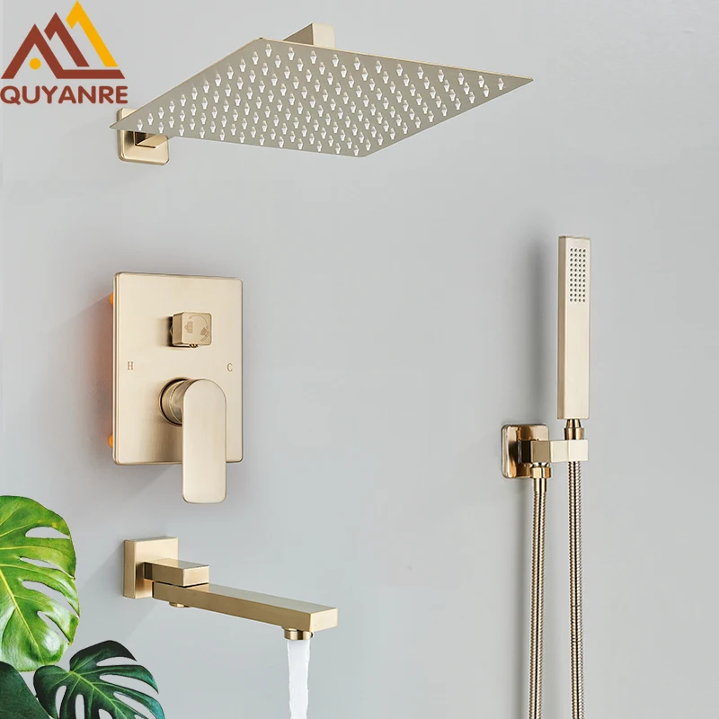 Quyanre Brushed Gold Shower Faucets Set Kúpeľňa na stenu namontovaný sprchový systém zabudovaný škatuľový mixér Klepol zrážky kohútik faucet