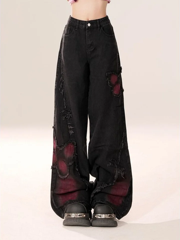 Qweek Gothic Goth Butterfly Y2K Baggy Jeans Ženy American Retro vintage harajuku emo džínsové nohavice 2024 jesenné móda