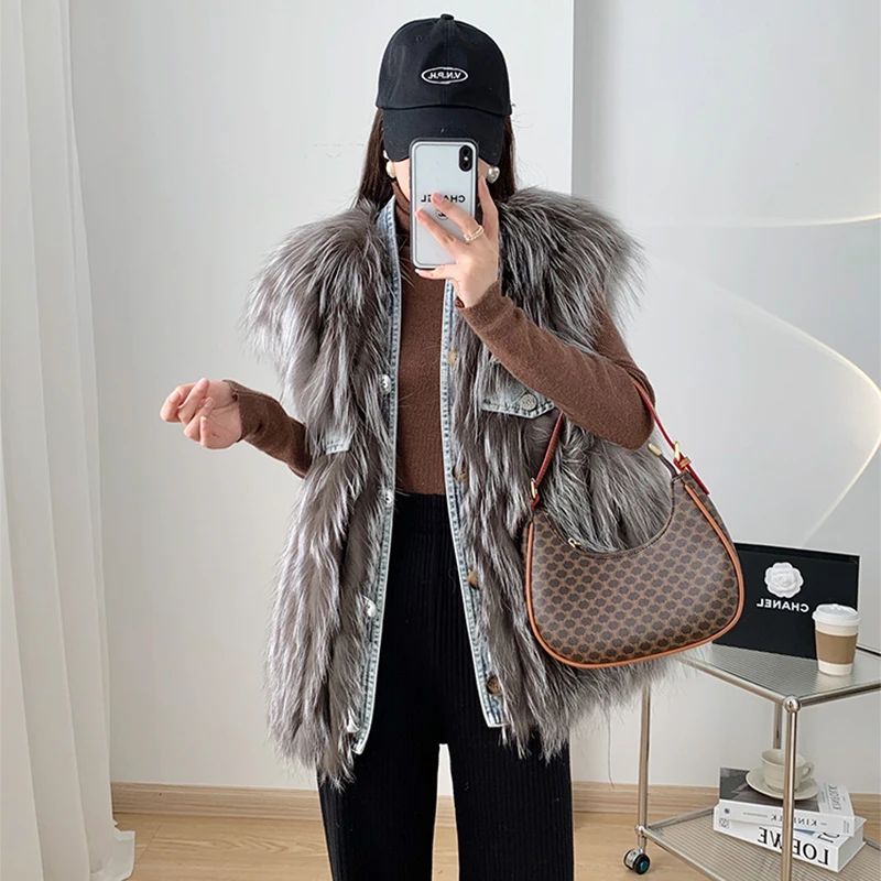 Raccoon Dog Fur Vest Dámska krátka jesenná a zimná neformálna jednokomovná džínsová patchwork Vysoko kvalitná skutočná kožušina