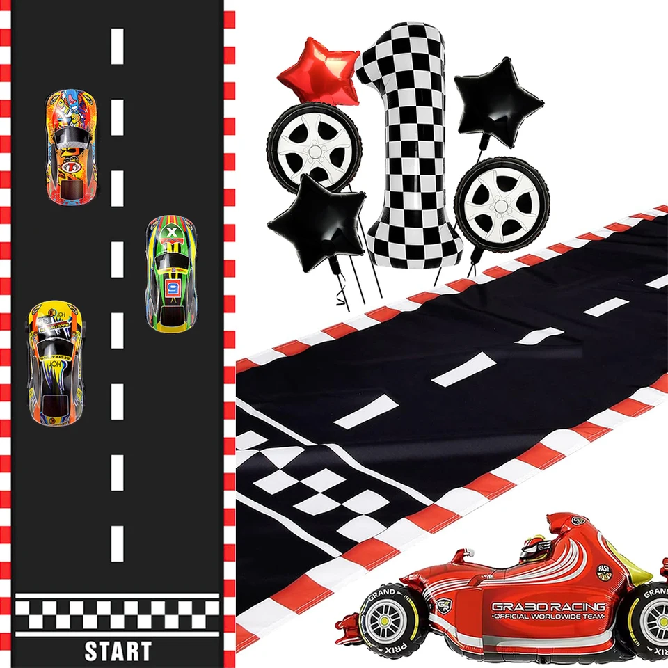 Racing Party RaceTrack Floor Runner Čierne biele chránené fólie číslo horúce koleso Balóny Kids Formula 1 Race Car Birthday Decors