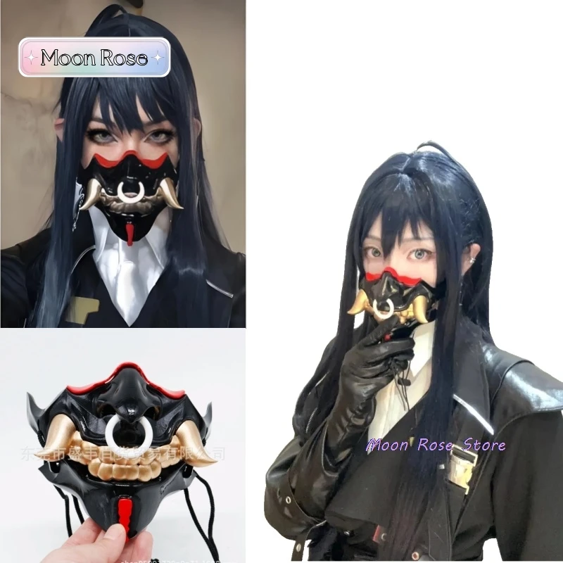 Rahu Anime Cosplay prop maska ​​čierne dlhé priame vlasy parochňa ženská roleplay japonský štýl Prajna Half-face Mask Holloween Party