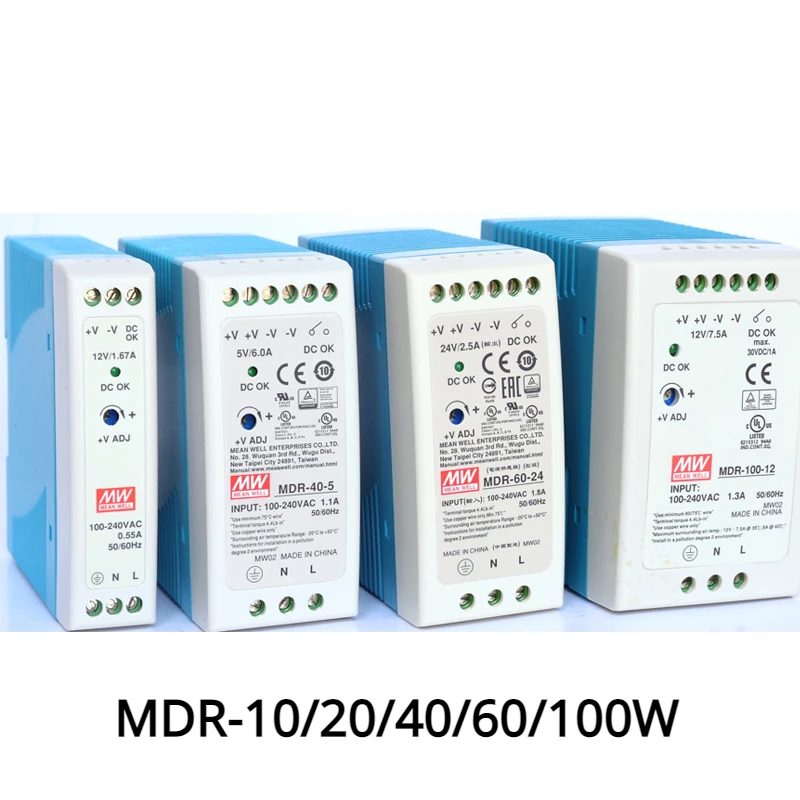 Rail namontovaný spínač napájacie napájacie napájanie MDR-10 20 40 60 60 100W-5 12 24 V Výstup Industrial DIN Rail