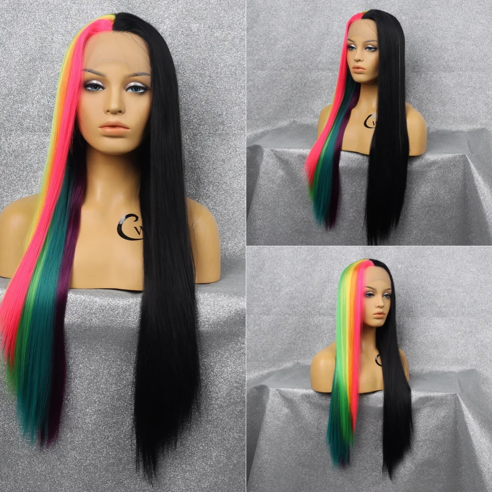 Rainbow Black Dlhá rovná Syntetická parochňa Ľahké pohodlné priedušné tepelne odolné voči farbám, ktorá odolná voči party Cosplay