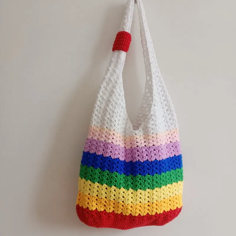 Rainbow Color Grochet Granny Ramer Casual Thack Bag Dámske kabelky pletené ručne vyrábané letná plážová taška