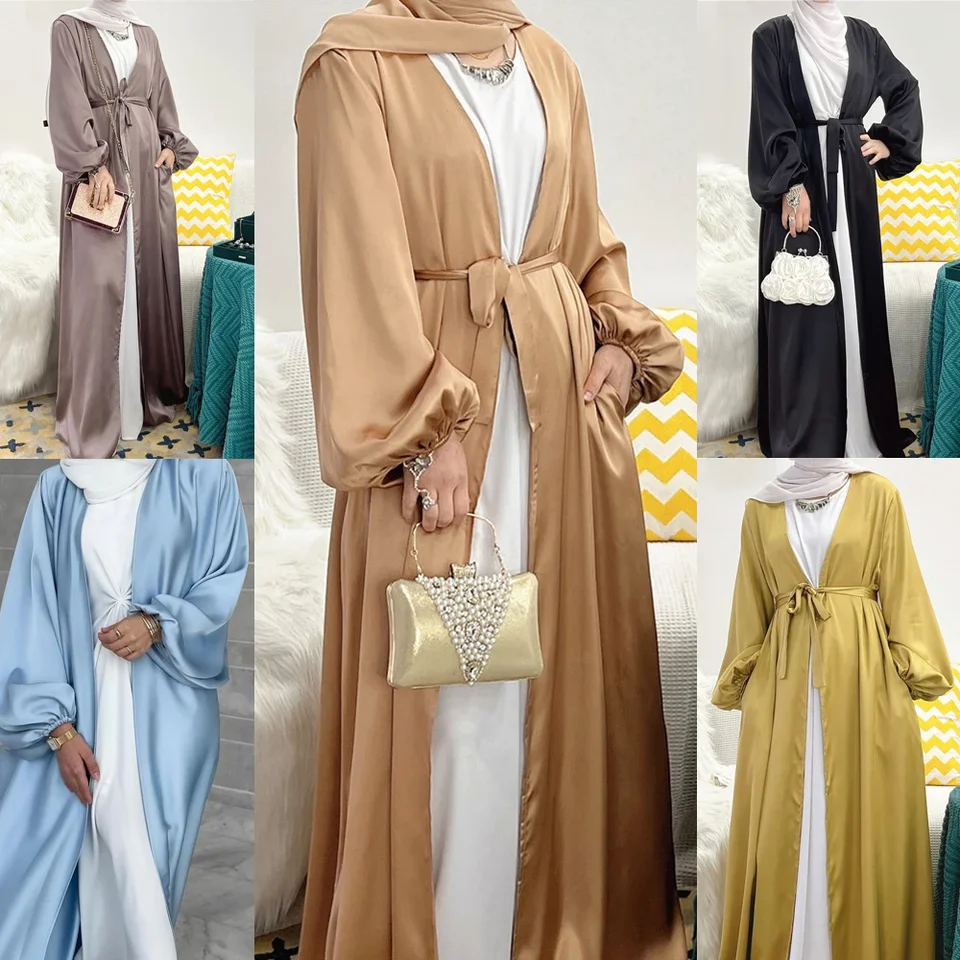 Ramadan Eid Mubarak Open Abaya satéín Kimono Cardigan Moslimské šaty Ženy kebaya rúž Dubaj Saudský turecký islam skromný kaftanský šaty