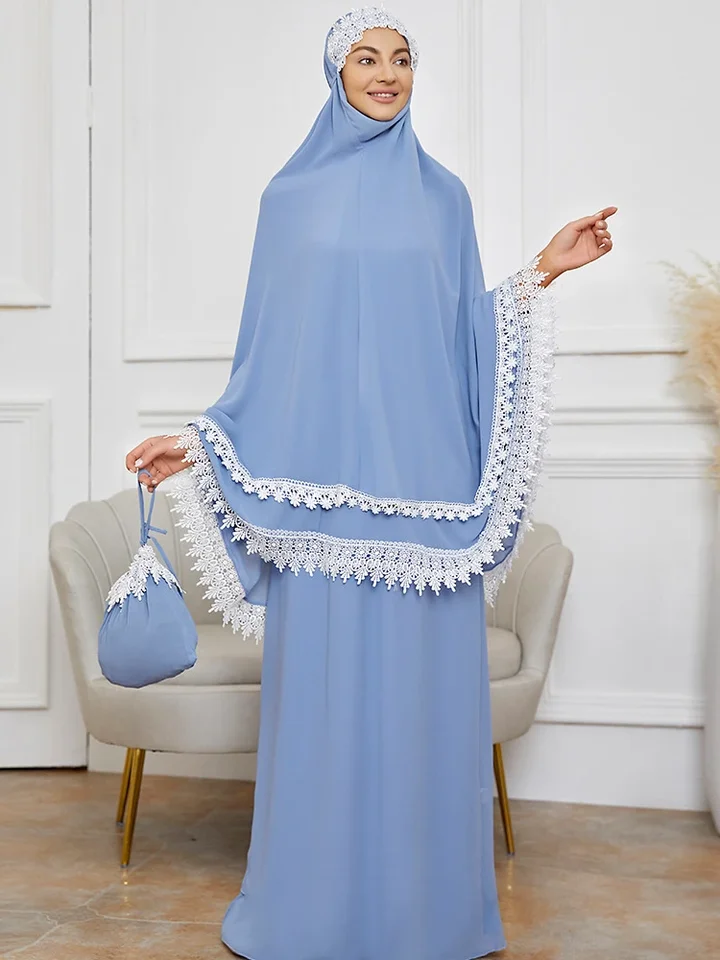 Ramadan Khimar Abaya Moslimské ženy modlitebné odev Dubaj Saudské modlitebné šaty čipky Čipka Silky sukne sukne eid niqab jilbab