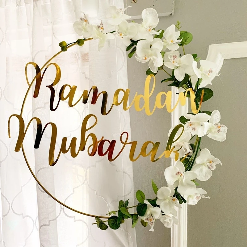 Ramadan Mubarak Decoration Decoration Metal Ring Hoop visiaci umelý kvet venie DIY moslimský islam sviatočný večierok Eid Mubarak Banner