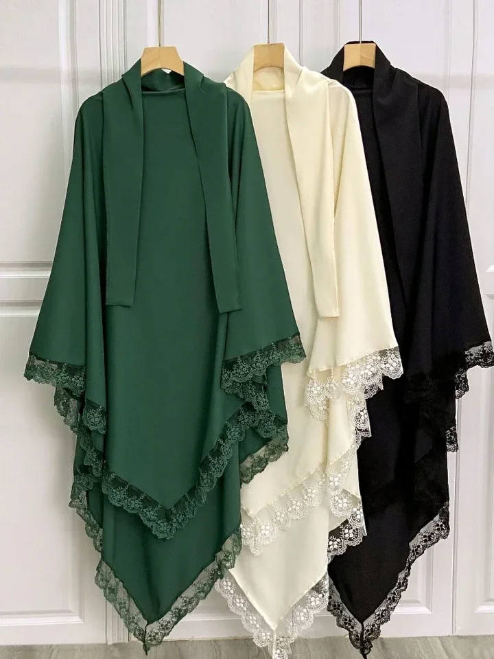 Ramadán čipka dlhá khimar pre ženy hidžáb eid moslim headcarf jilbab jeden kus khimars jubha islamský moslman modlitebný odev