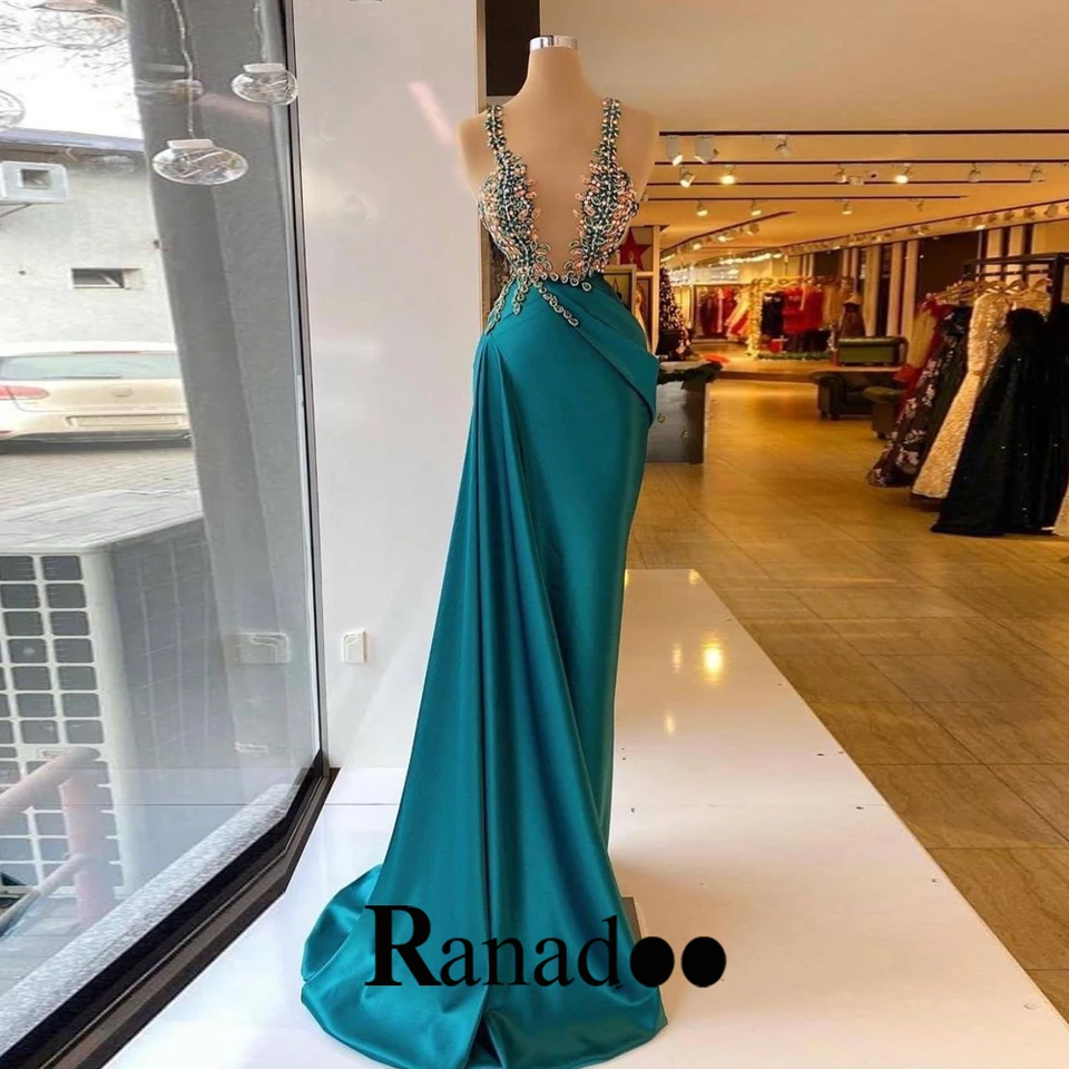 Ranadoo vynikajúce saténové ples šaty pre ženy špagety popruhy kamienky trúbka trúbka sprievodný vestidos de festa prispôsobená