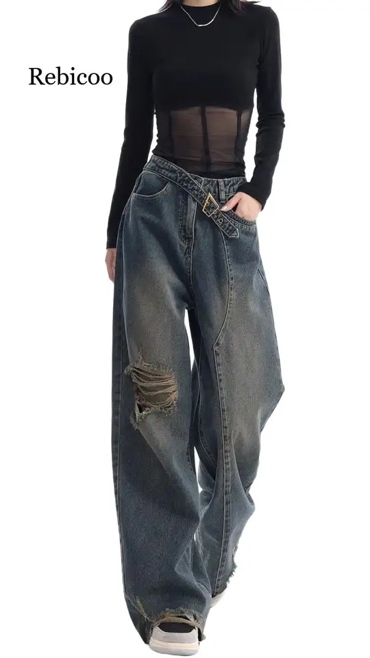Ranné jeseň nové zúfalé džínsy Ženy American Retro Ruffled Design Loose Fashion Wide Nohavice nohavice