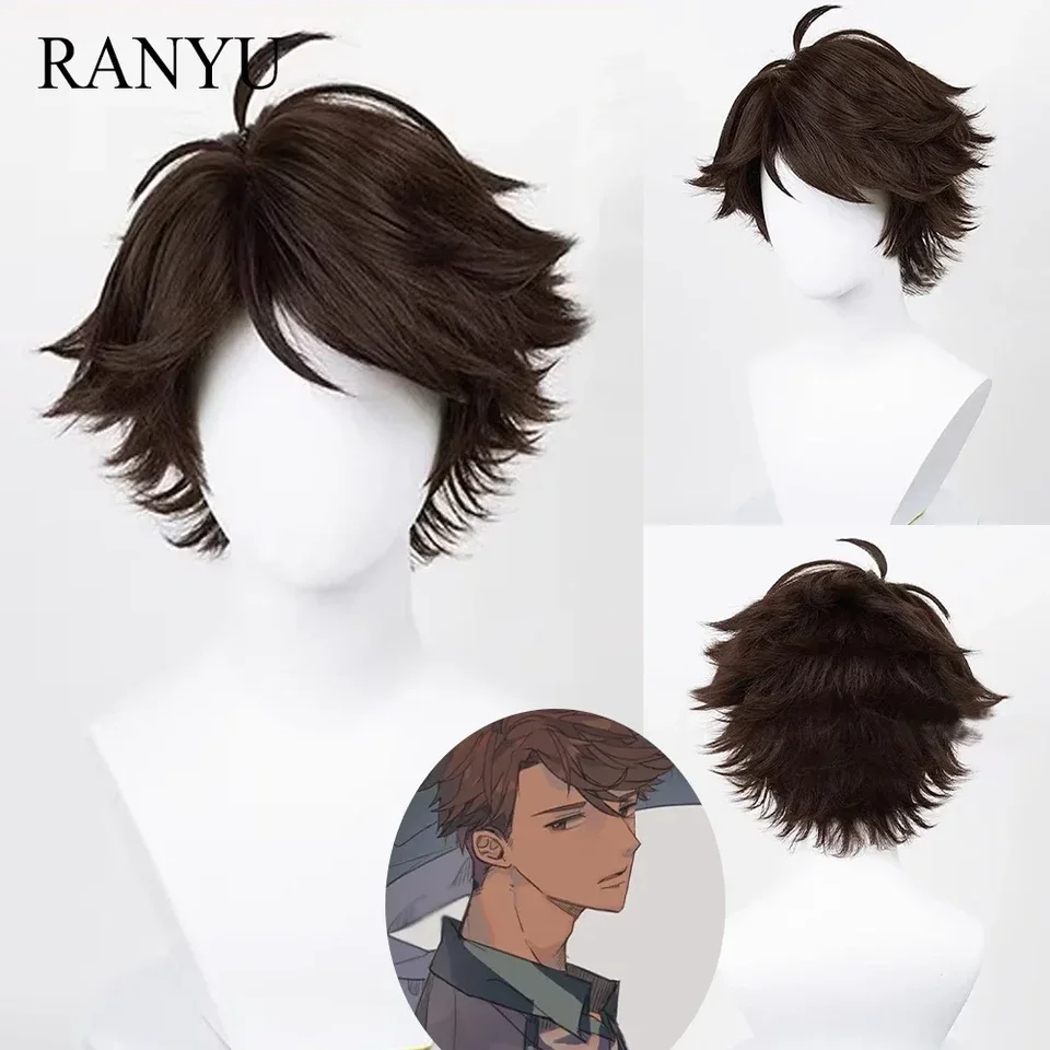 Ranyu Men Syntetická parochňa Krátky priamy zvlnený hnedý anime cosplay cosplay nadýchané vlasy odolné voči tepelnému parochne pre večierok
