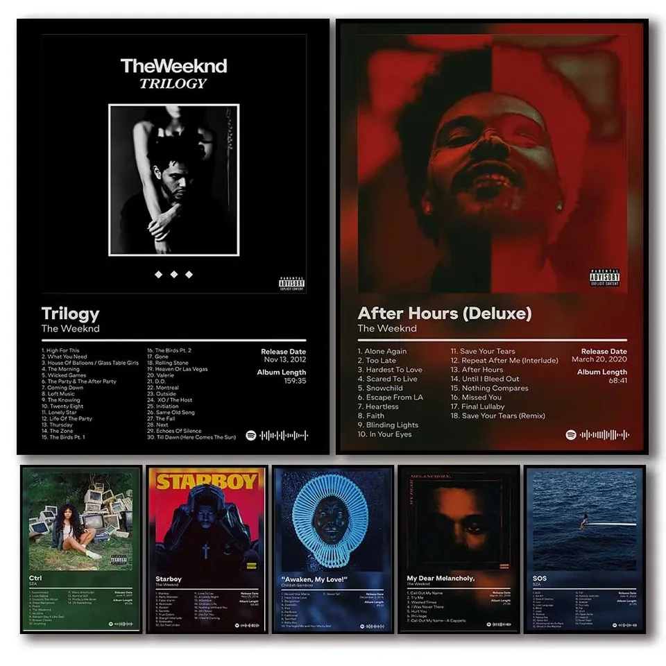 Rapper The Weeknd Plagát estetická hudobná album Starboy Sza Sos MF Childish Gambino Hip Hip Hop Canvas Print Wall Art Room Decor