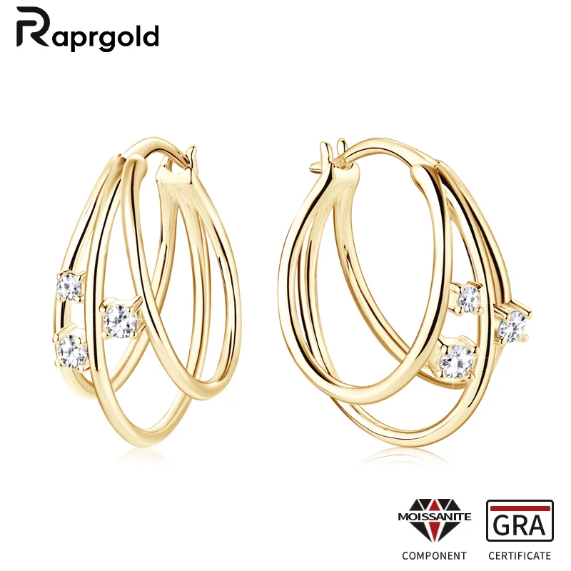 RapRgold Gra certifikovaný Moissanit Triple Split Hoop náušnice pre ženy S925 Sterling Silver Huggie náušnice jemných šperkov darček