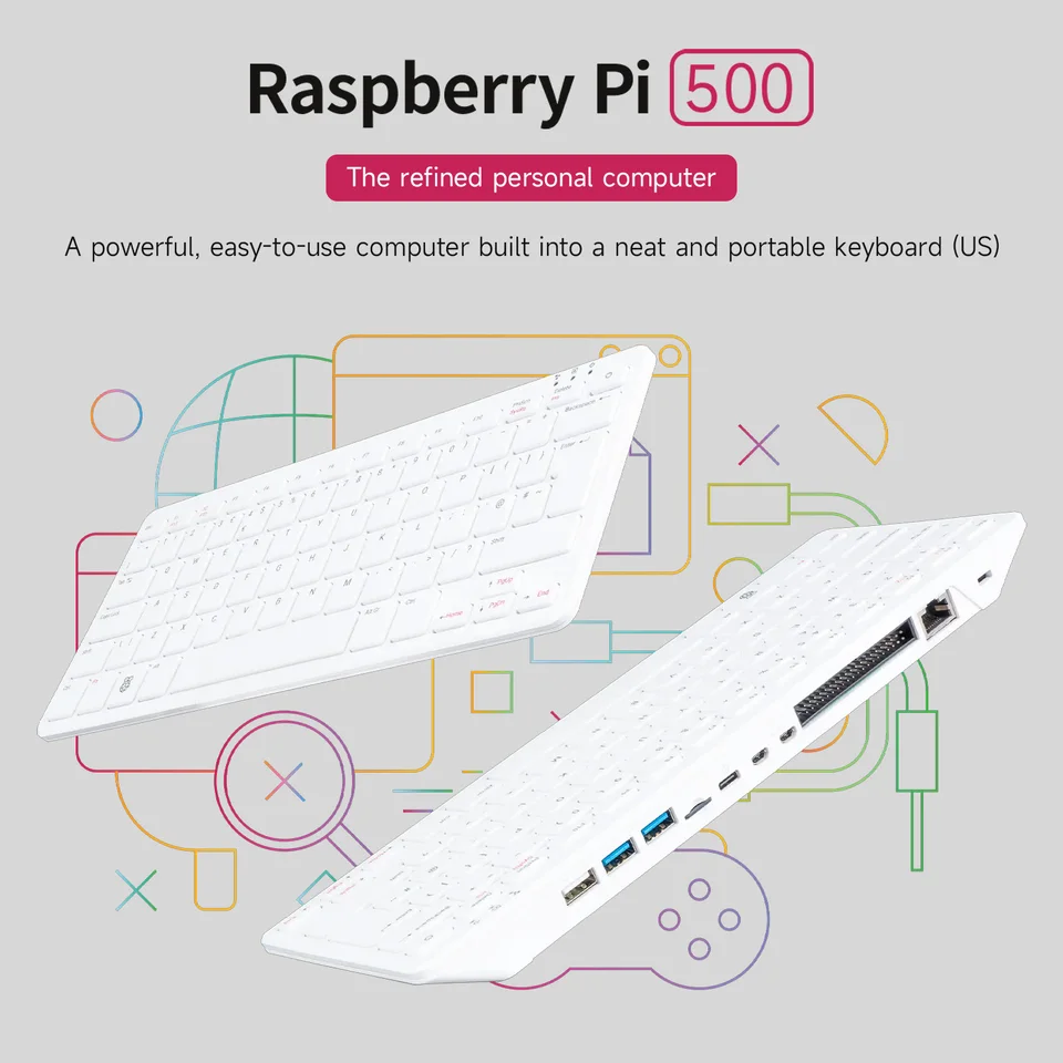 Raspberry Pi 500, rýchly a výkonný počítač zabudovaný do vysoko kvalitnej klávesnice (USA). Štvorjadrový procesor ARM, výstupy duálnych-4K