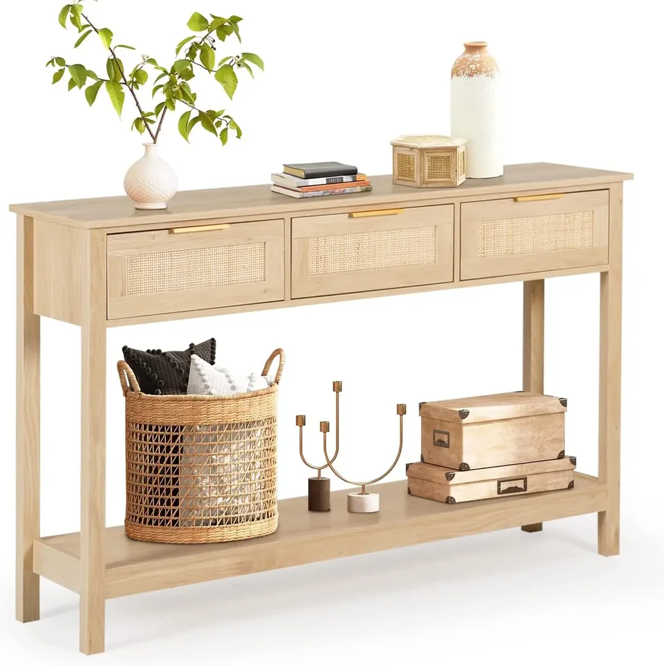 Rattan Console Table boho vstupný stôl úzka dlhá pohovka stolová chodba Foyer za gaučom s 3 zásuvkami a otvorená