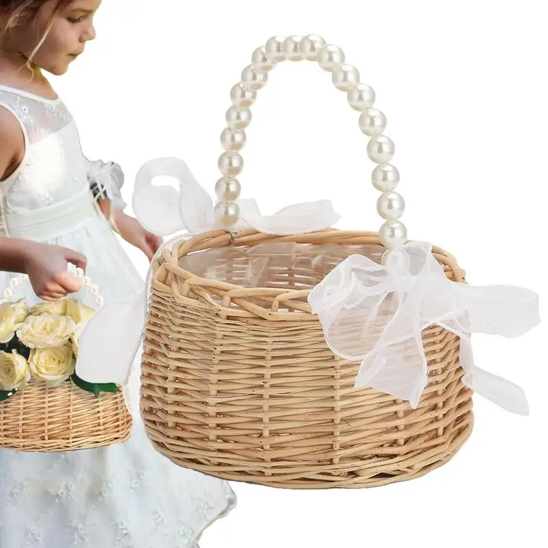 Rattan Flower Girl Basket s perlovou rukoväťou ručne tkaný Veľkonočný kôš kvetinové dievčatá ručné koše pre domácu svadobnú dekoráciu