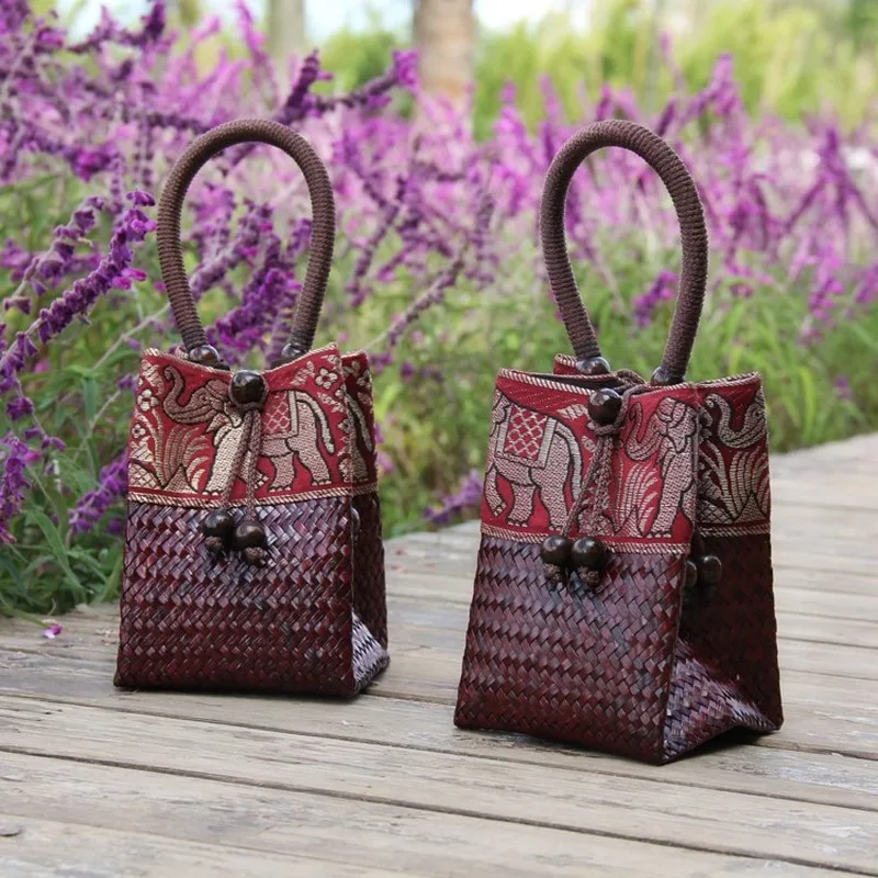 Rattan kabelka vinobranie vrecká slama tkaná mini tote vedro taška žien spojky vrecko na spojku
