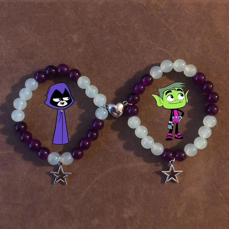 Raven x Beast Boy zodpovedajúci náramkom fialové zelené magnetické srdce darček priateľstvo náramok y2k