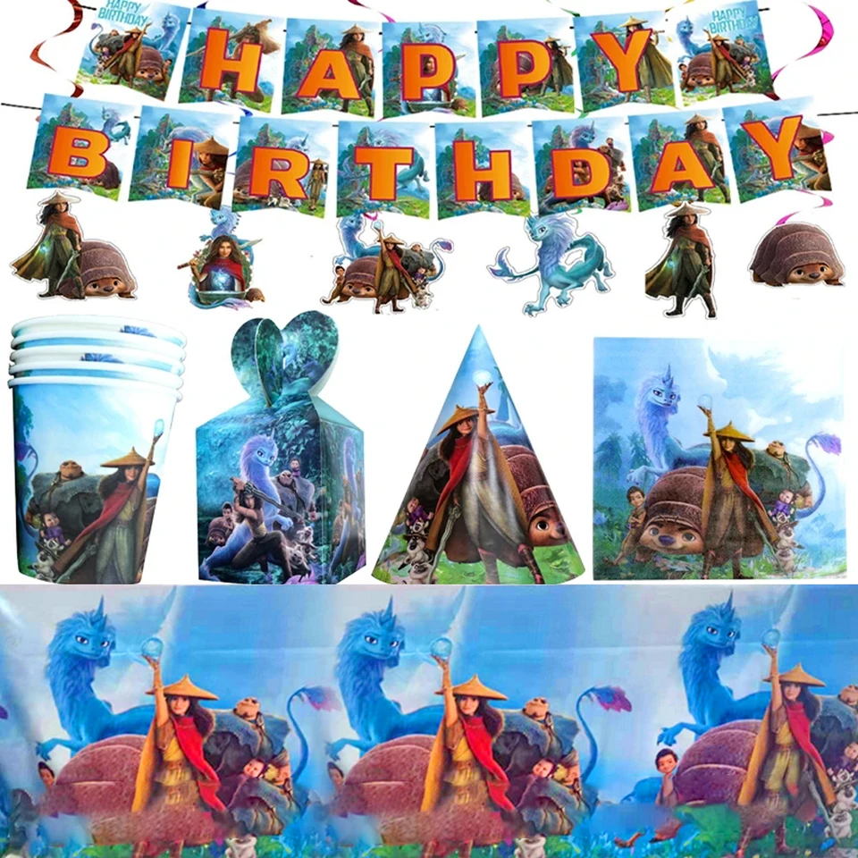 Raya a posledná téma Dragon Téma obrusové vidličky Darčekové tašky taniere Cupcake Topper Šťastné narodeniny oslav
