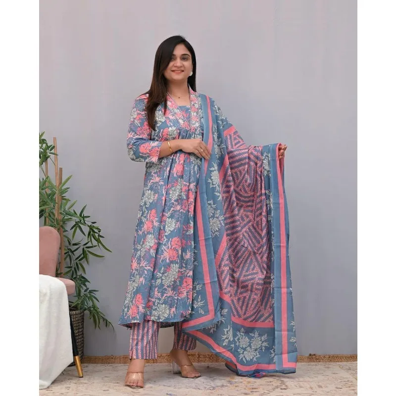 Rayon vytlačil kurti palazzo s dupatta set žien salwar kameez obleky Kurta's
