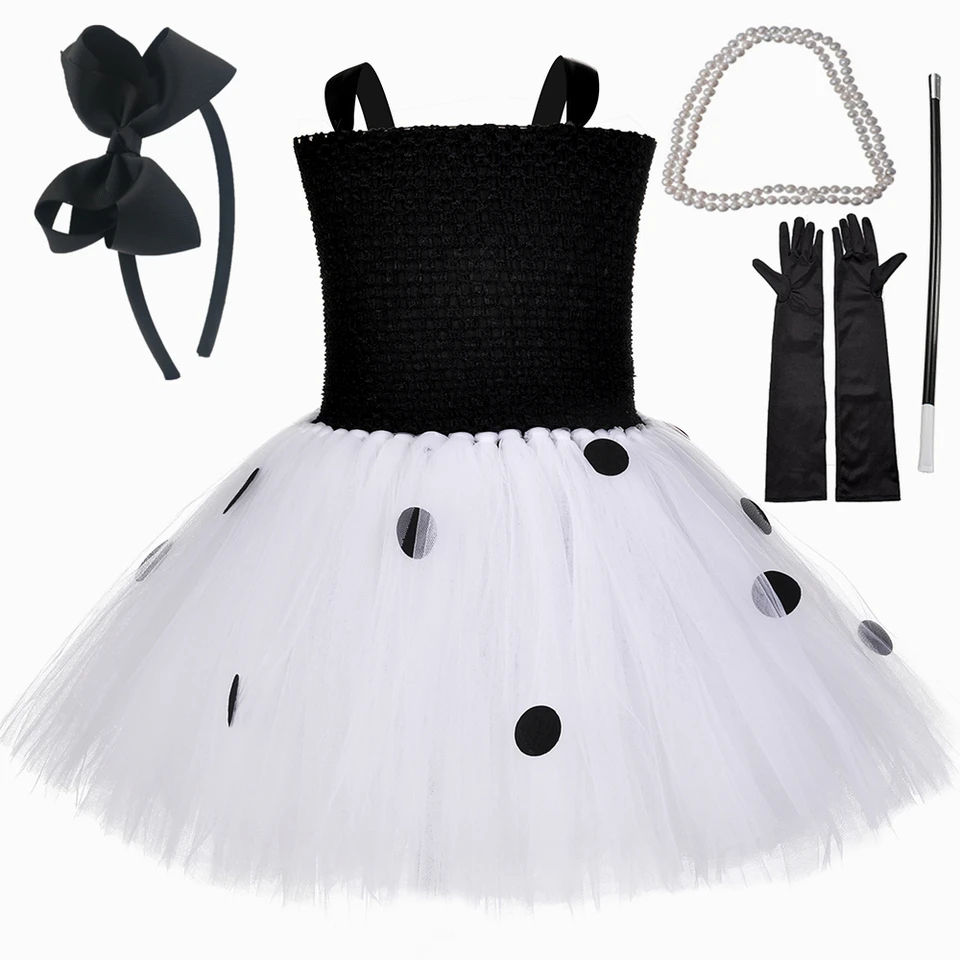 Raňajky na kostýmoch Tiffany's Costume Girls Black White Polka Dot 50. rokov Vintage Audrey Hepburn Tutu šaty detské narodeninové oslavy šaty