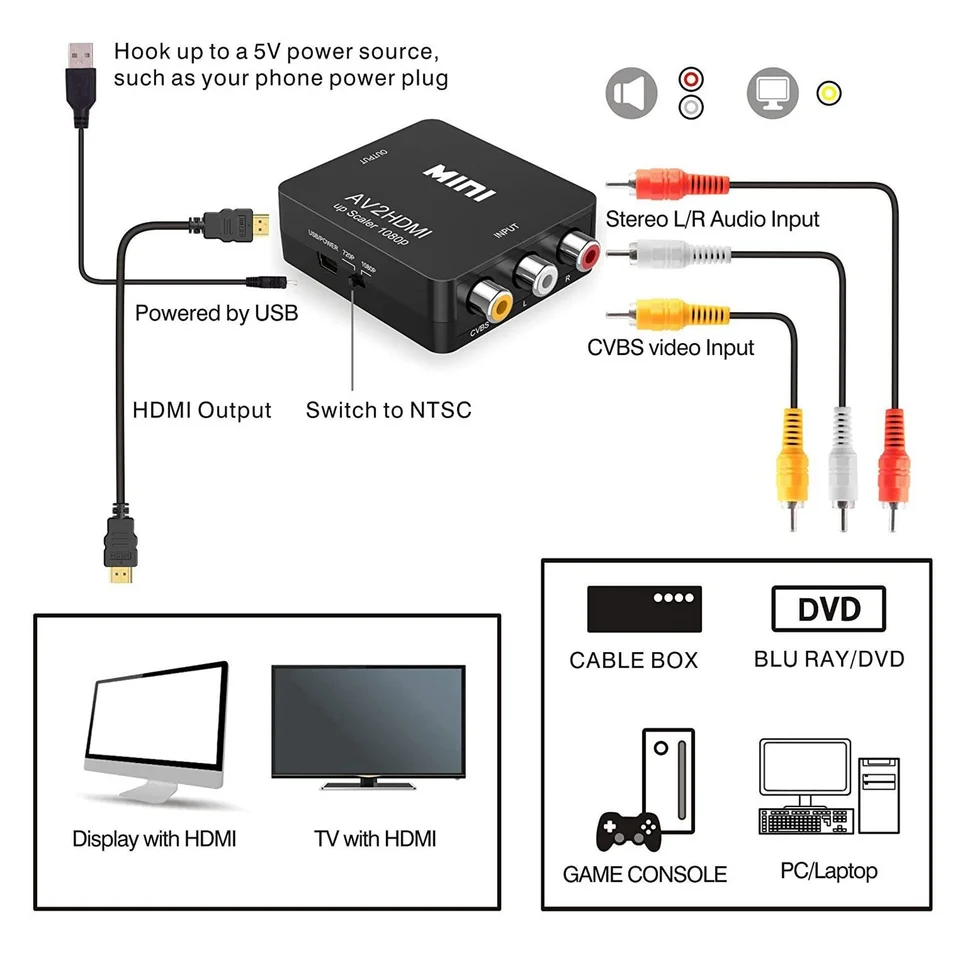 RCA TO, AV to Converter, 1080p Mini RCA CVBS Video Audio Converter Adapter PAL/ NTSC pre TV/ PC/ PS3/ STB/ VHS