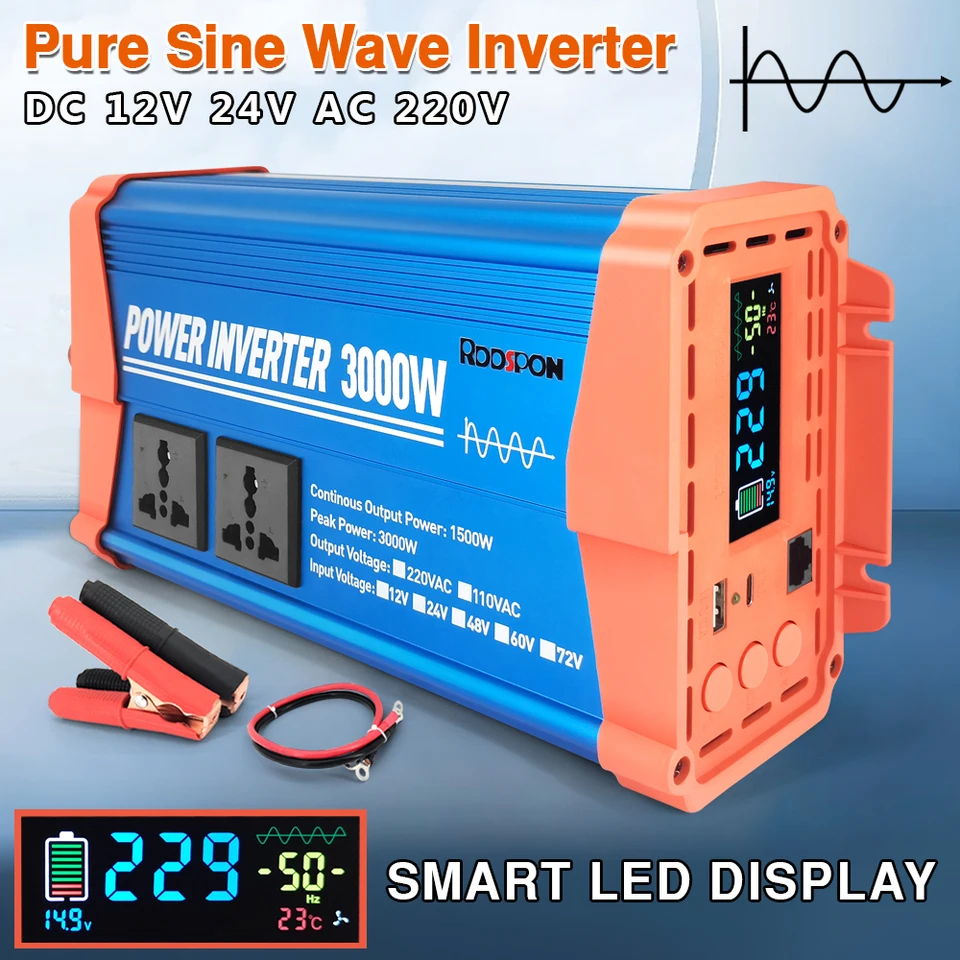 RDDSPON nový čistý invertor sinine Wave 3000W Európsky štandardný štandard USB Type-C Socket Socket DC 12V 24V až AC 220V napätie napätia