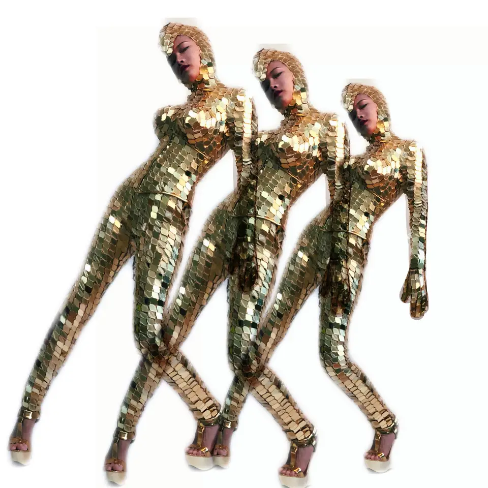RE71 ženský pódiový pól tanečné šaty zlaté zrkadlové kostýmy robotický oblek model show outfit flitry zrkadlá zrkadlá DJ LED kostým dodávka
