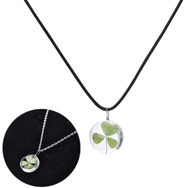 Real Green Lucky Shamrock Four Leaf Clover Round Pendant náhrdelník Gift