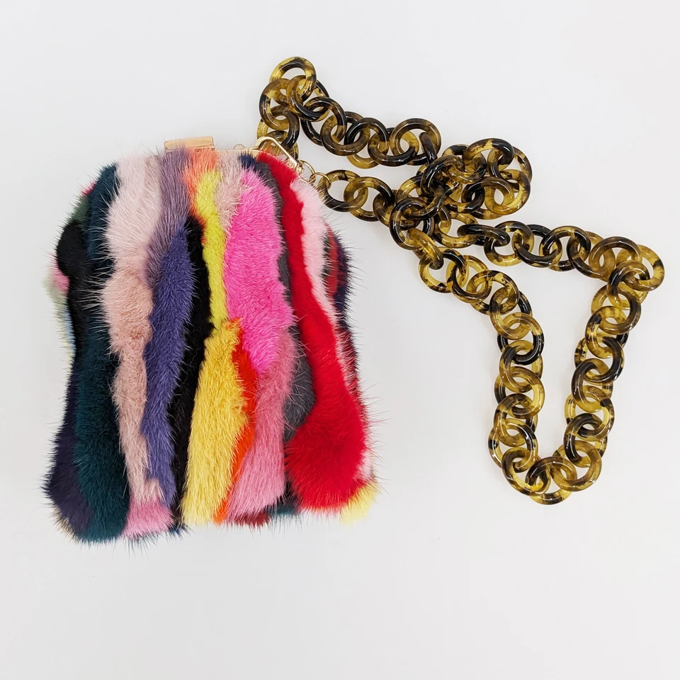 Real Mink Fur Crossbody Bag pre ženy viacfarebná kabelka