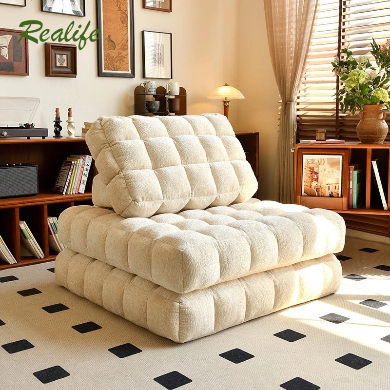 Realife Waffle Lazy Sofa Tatami Cream Style Single Obývacia izba Kombinovaný blokový modul Tofu Block tkanina Sofa 88*105*40 cm 2024