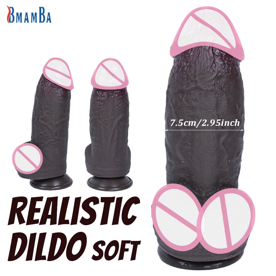 Realistické veľké dildo 2,95 palca Priemer mäkkých silikónových mužov Penis Ženy Vaginálny stimulátor Silný sací pohár