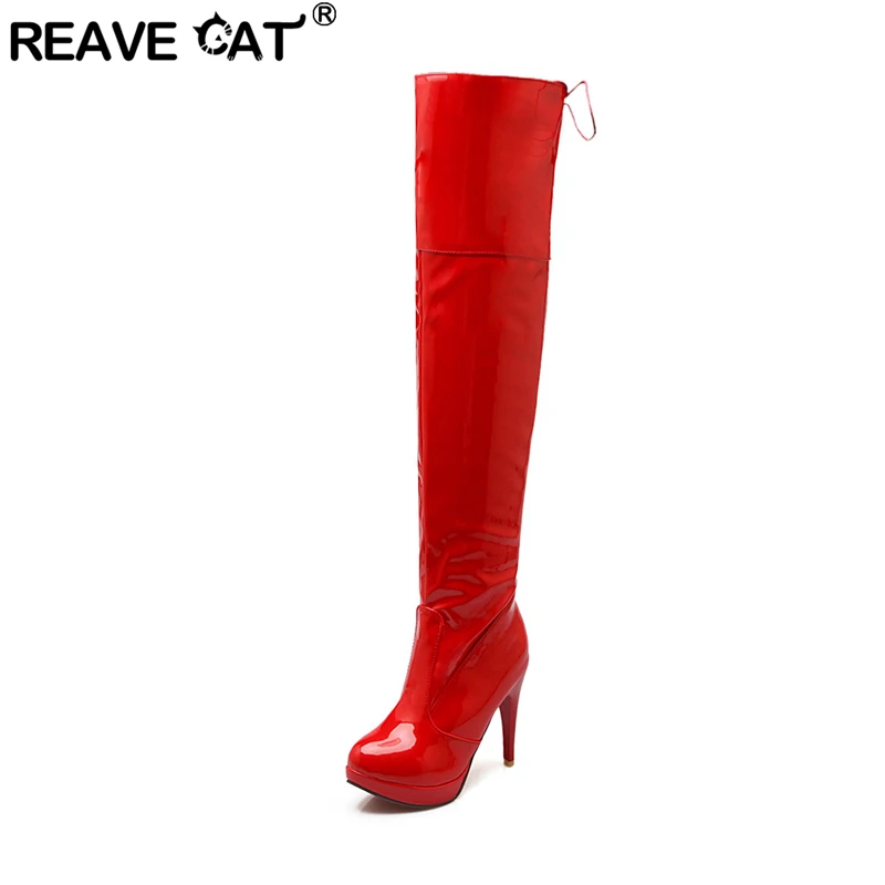 Reave Cat 2021 Sexy cez kolenné topánky patentované kožené zamatové okrúhle šnurovanie Platforma 11 cm tenké podpätky US12 White Red A4348