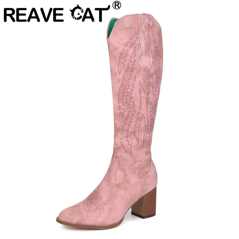 Reave Cat 2024 módne topánky topánky okrúhle päty na nohách 7 cm výšivka veľká veľkosť 43 44 45 Denná ženská bota