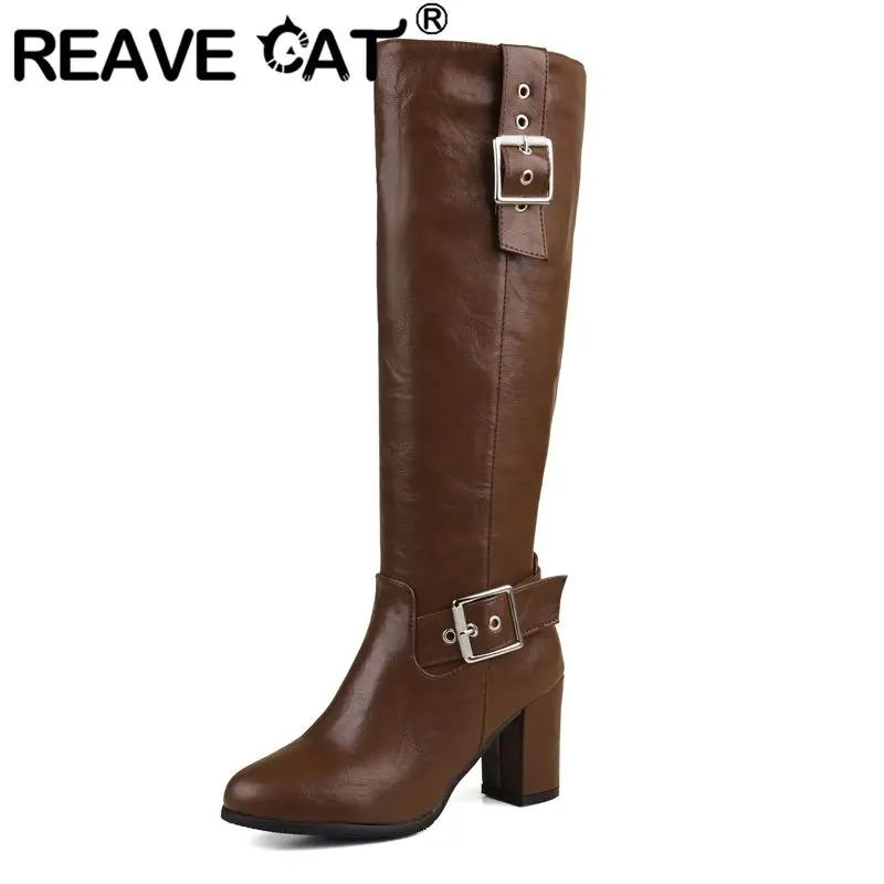 Reave mačka Značka Ženy koleno vysoké topánky Round Toe Block podpätky 7,5 cm 50 51 52 Denný rytiersky bota