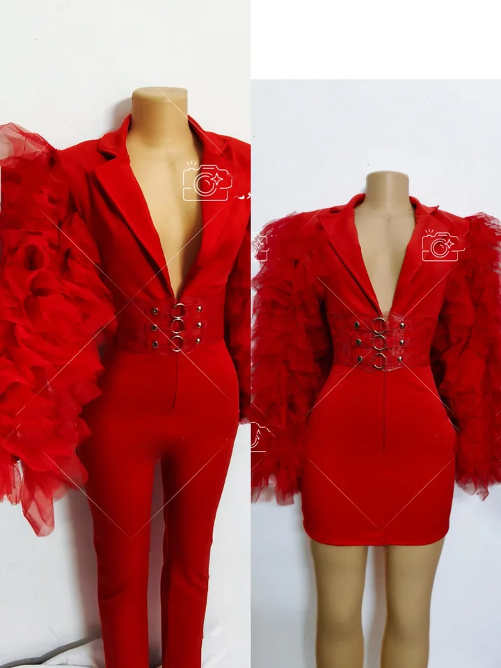 Red Puff Sleeve Bodycon kombinéza/krátke šaty ženská speváčka koncertná scéna kostým narodeniny Prom večera oslavu večierku Wear