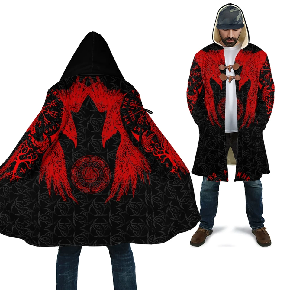Red Raven a Horn of Odin Tattoo 3D po celej tlačenej mužskej fleecovej kapucni plášť zimné unisex neformálne husté teplé plášťové plášť PF110