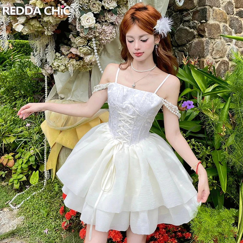Reddachická kravata predná front boned mini tortu šaty Ženy perla retiazka Jacquard Camisole Tulle Tutu šaty