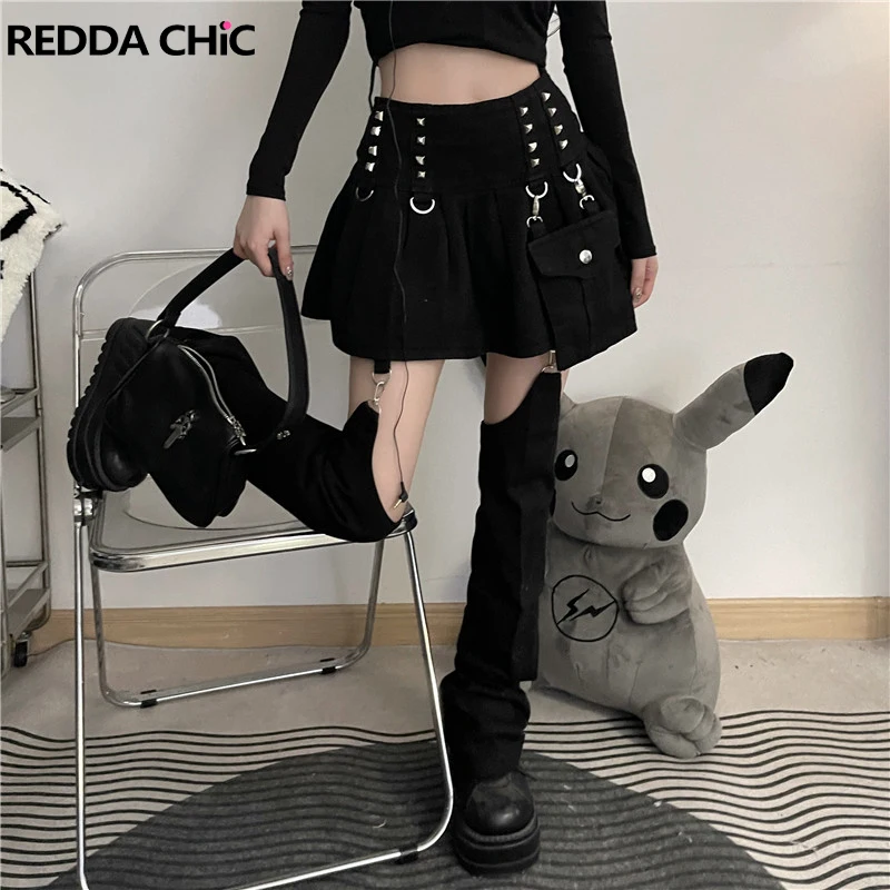 Reddachické odnímateľné ohrievače nôh Denim sukňa Plain čierne džínsy skladané mini sukňa Goth Punk Cyber ​​Y2K Acubi Fashion 2-diel sada
