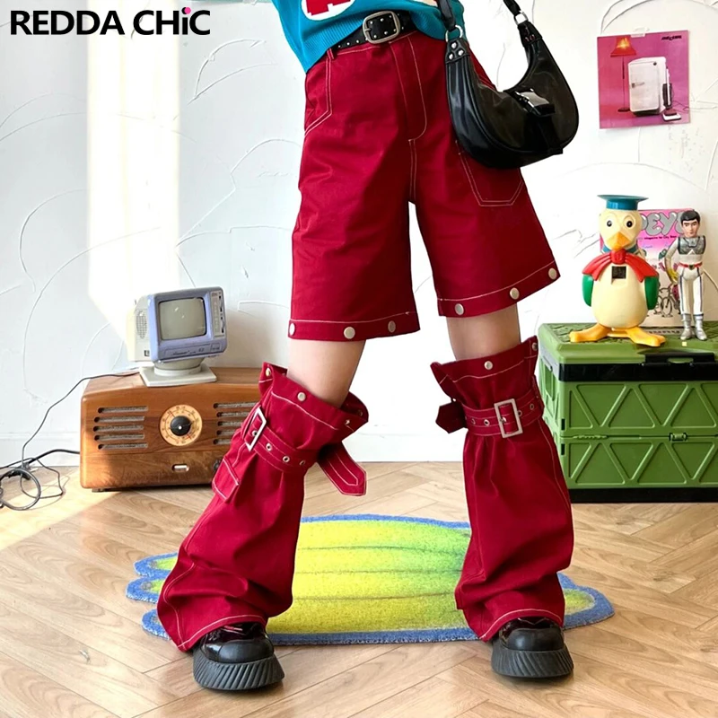Reddachické snímkateľné odlievateľné široké nohavičky Nákladné nohavice Sada žien Spevné červené šortky pásové nohavice teplejšie y2k nohavice retro hiphop streetwear